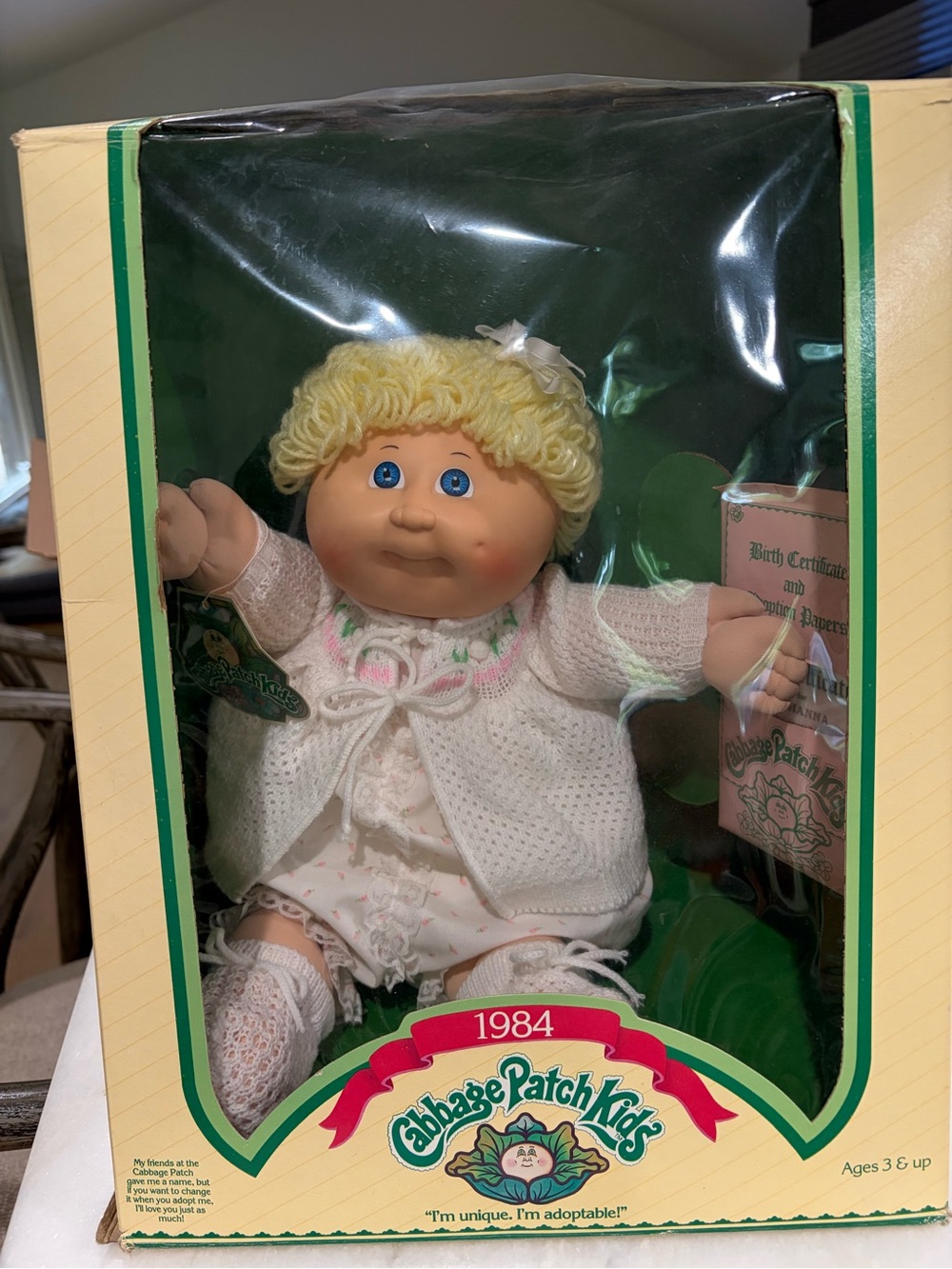 1984 Coleco Cabbage Patch Doll Faye Johanna in knitted pink and white outfit NIB